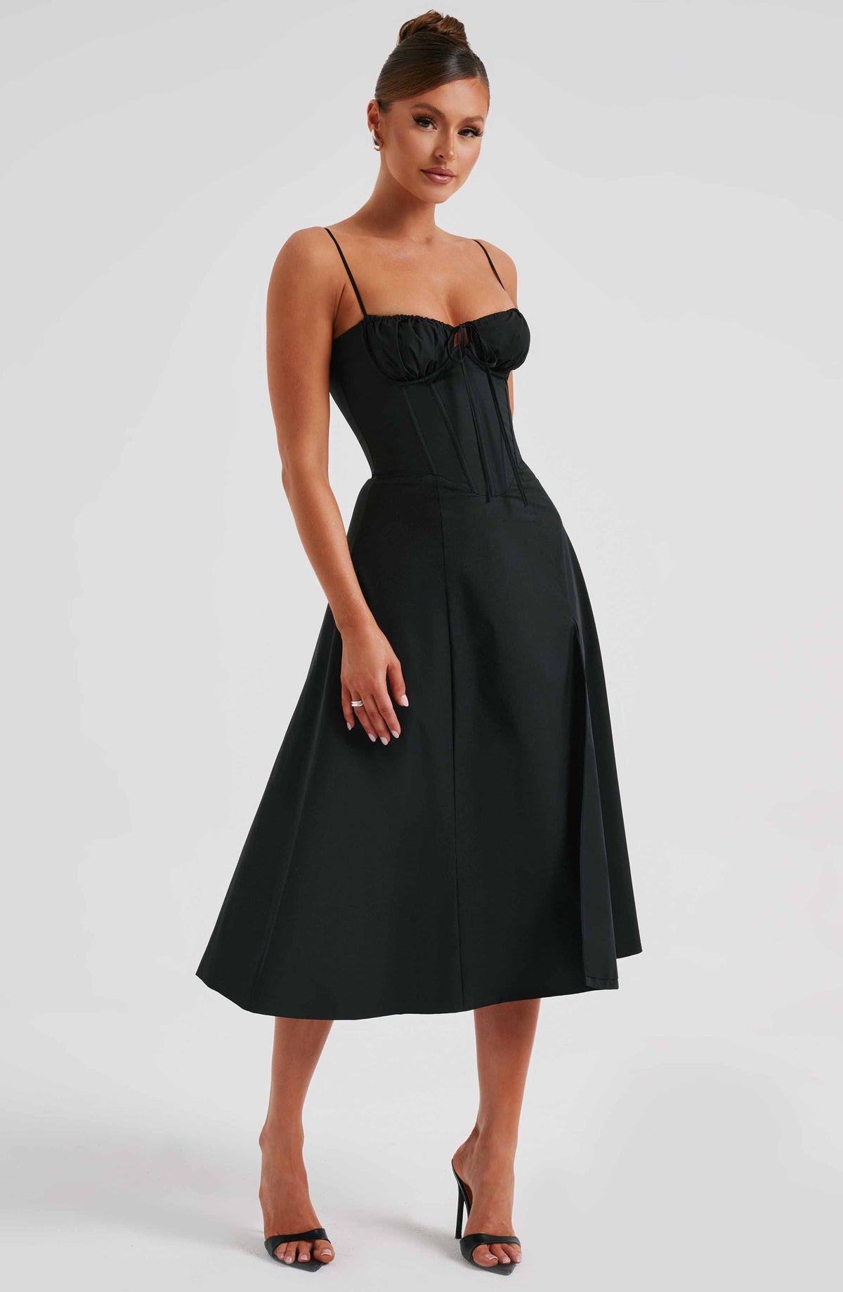 Corset Bodice Sweetheart Cami Strap High Split Midi Dress 9