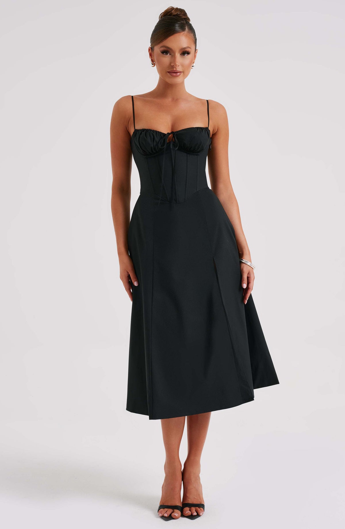 Corset Bodice Sweetheart Cami Strap High Split Midi Dress 8