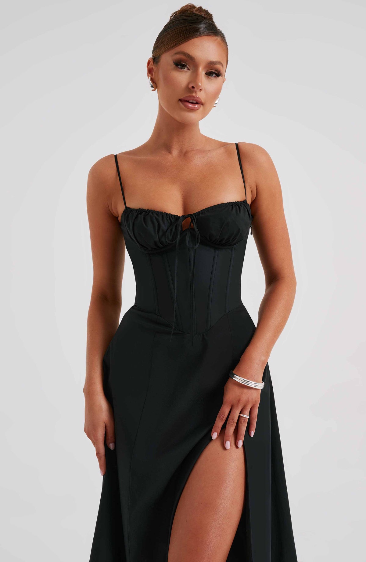Corset Bodice Sweetheart Cami Strap High Split Midi Dress 12