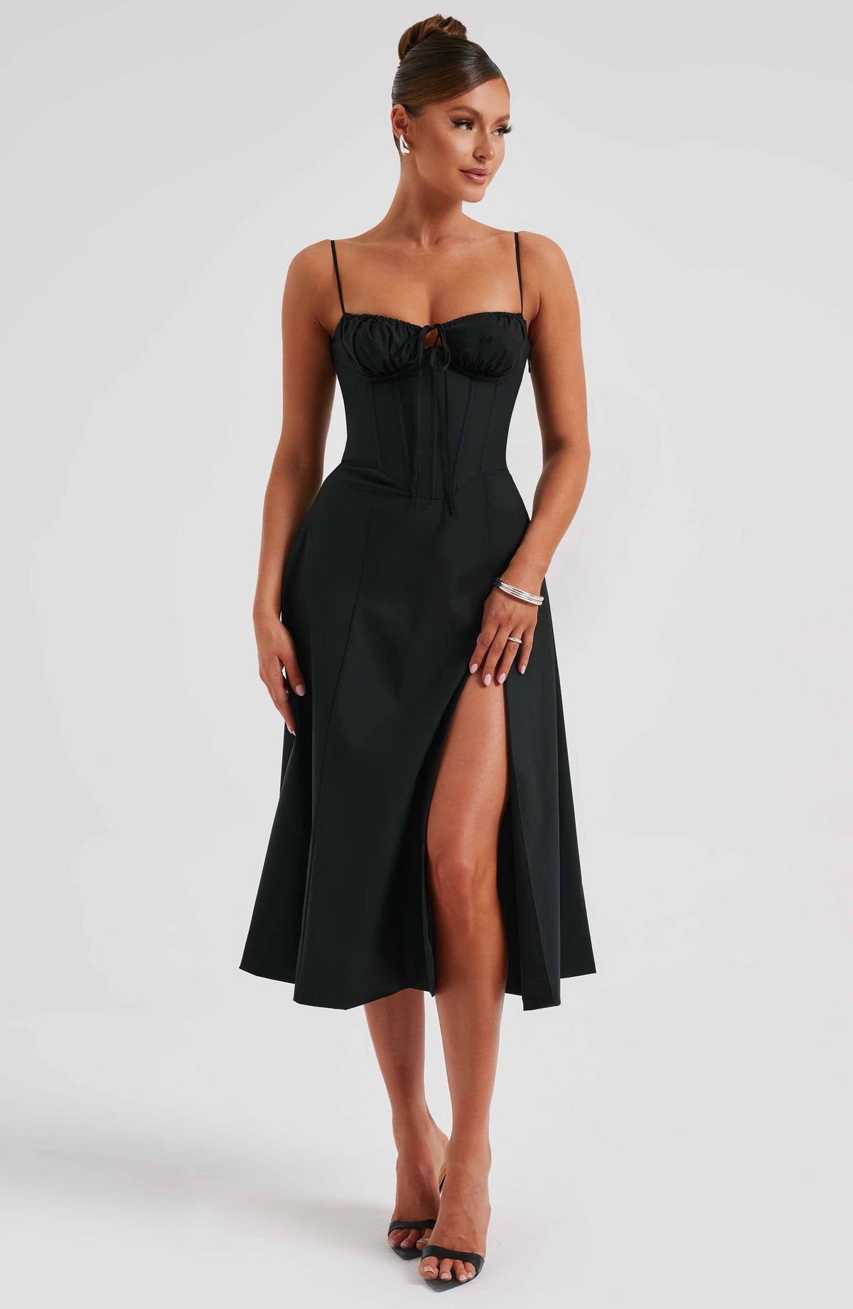 Corset Bodice Sweetheart Cami Strap High Split Midi Dress 6