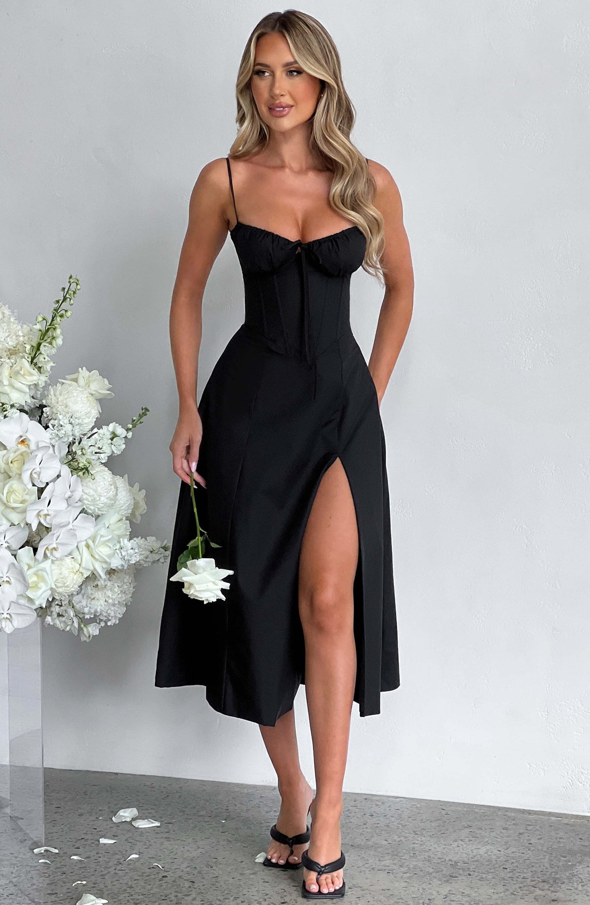 Corset Bodice Sweetheart Cami Strap High Split Midi Dress