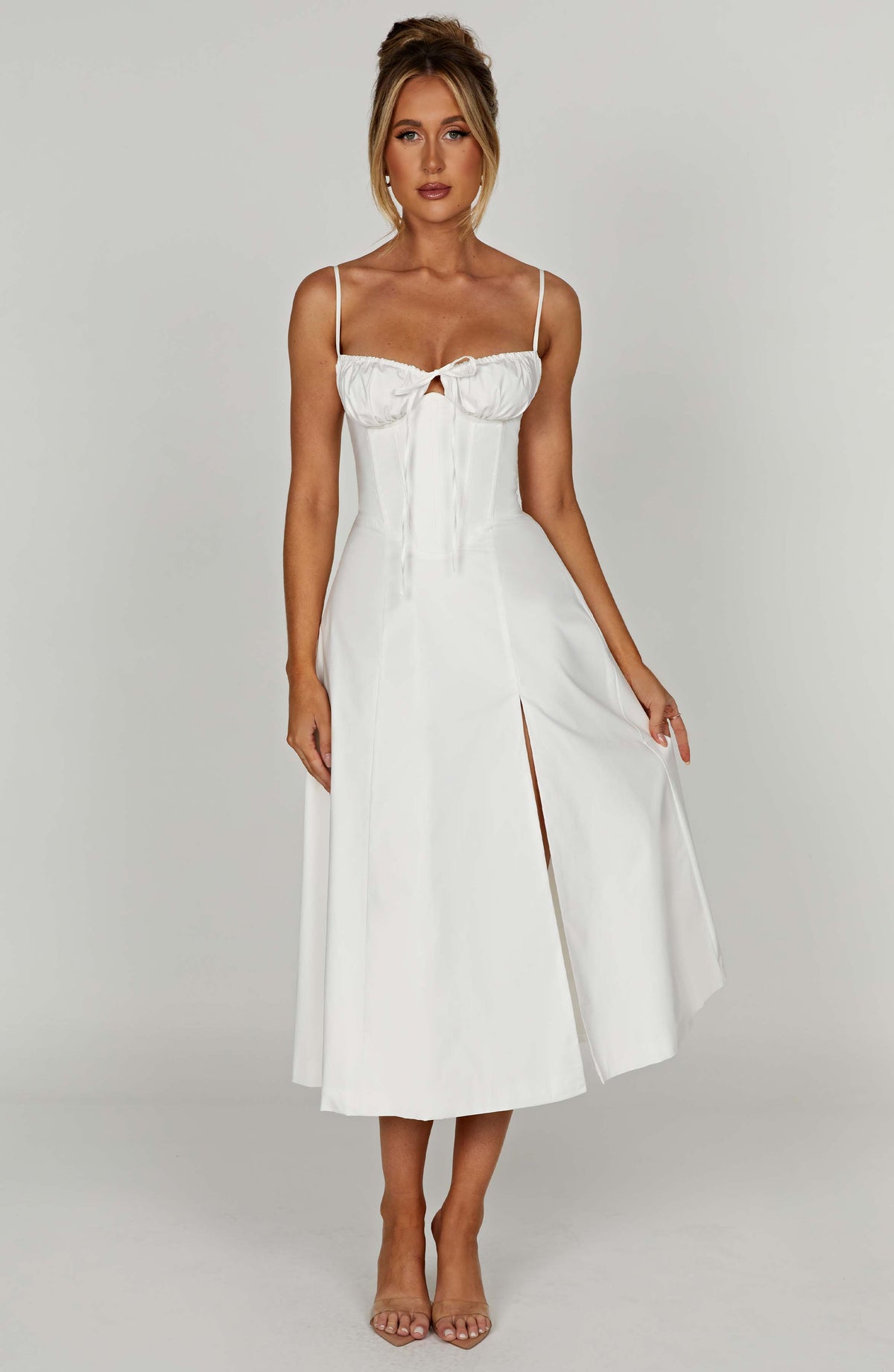 Corset Bodice Sweetheart Cami Strap High Split Midi Dress 9