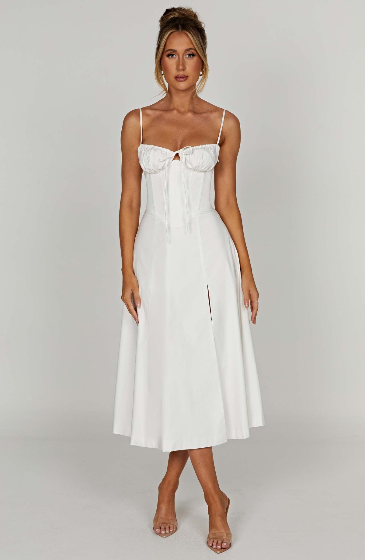 Corset Bodice Sweetheart Cami Strap High Split Midi Dress 11