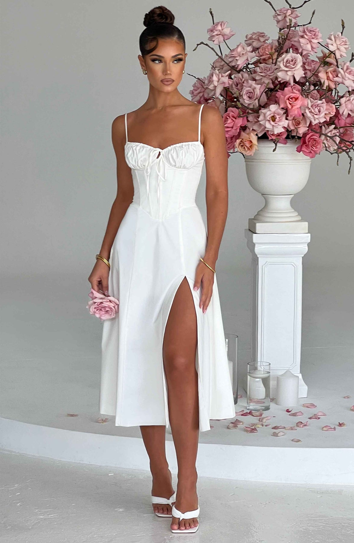Corset Bodice Sweetheart Cami Strap High Split Midi Dress