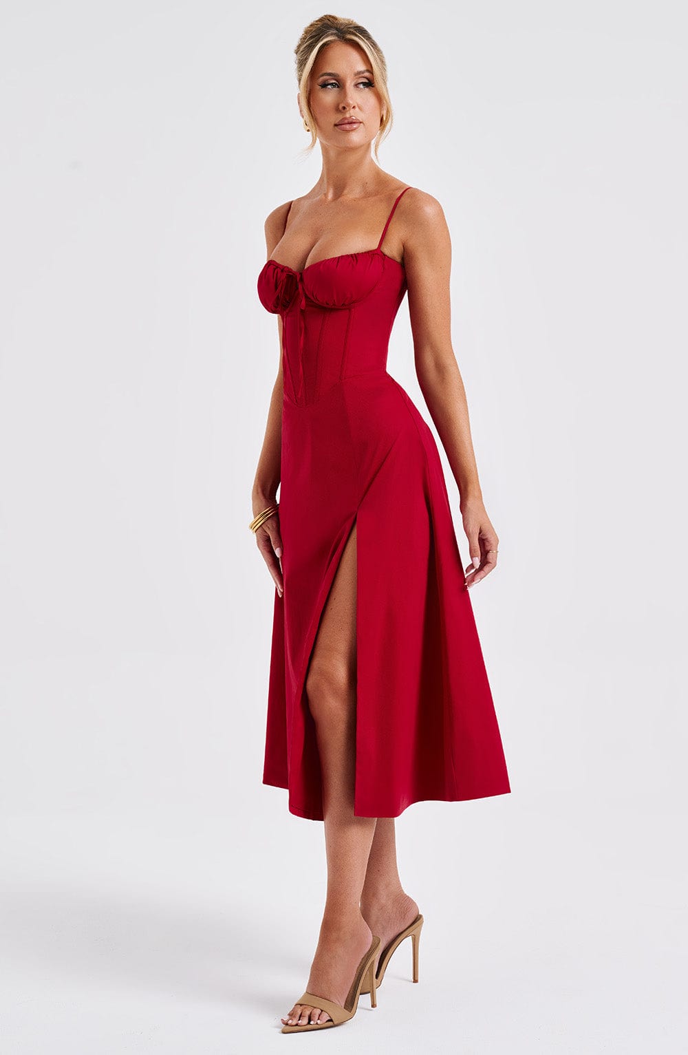 Satin Corset Bodice Spaghetti Strap Tie Front High Split Midi Dress 19