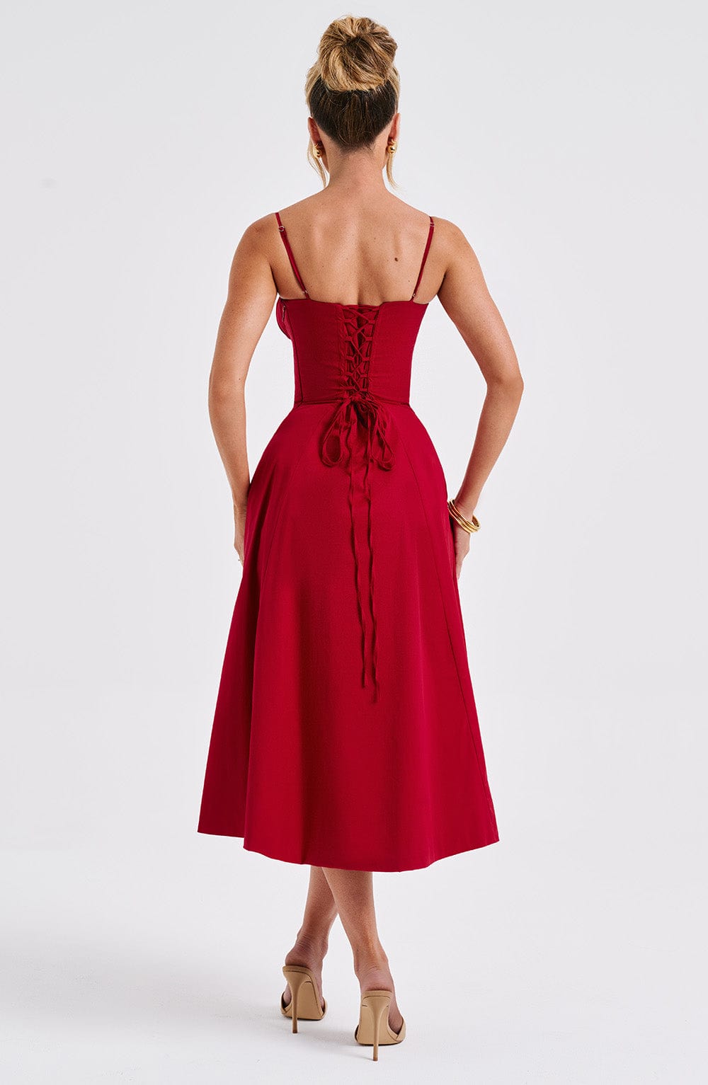 Satin Corset Bodice Spaghetti Strap Tie Front High Split Midi Dress 10