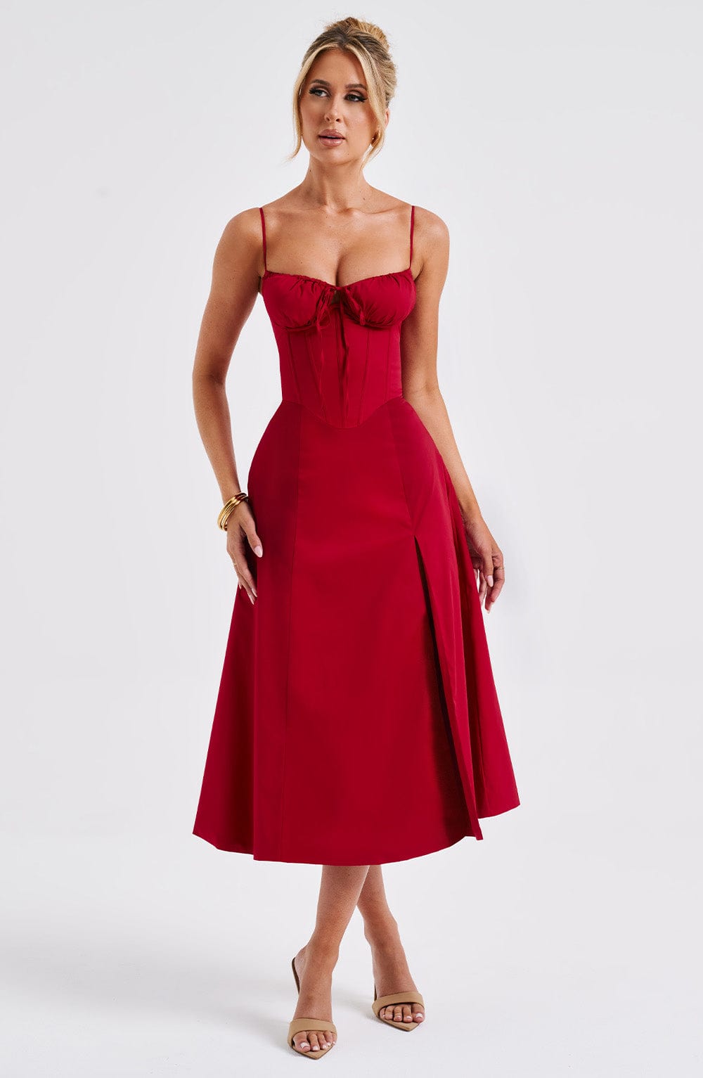 Satin Corset Bodice Spaghetti Strap Tie Front High Split Midi Dress 15