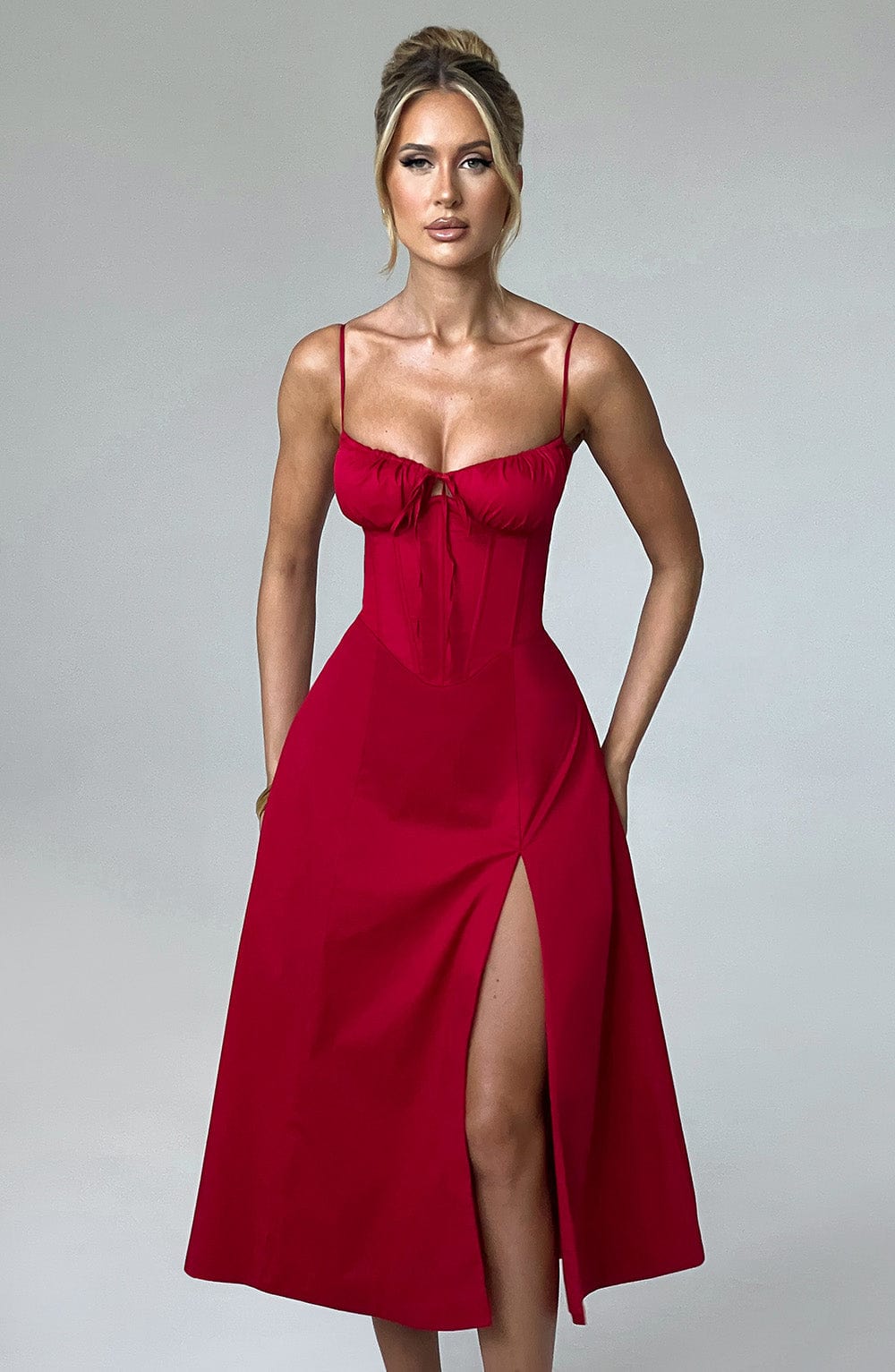 Satin Corset Bodice Spaghetti Strap Tie Front High Split Midi Dress 3