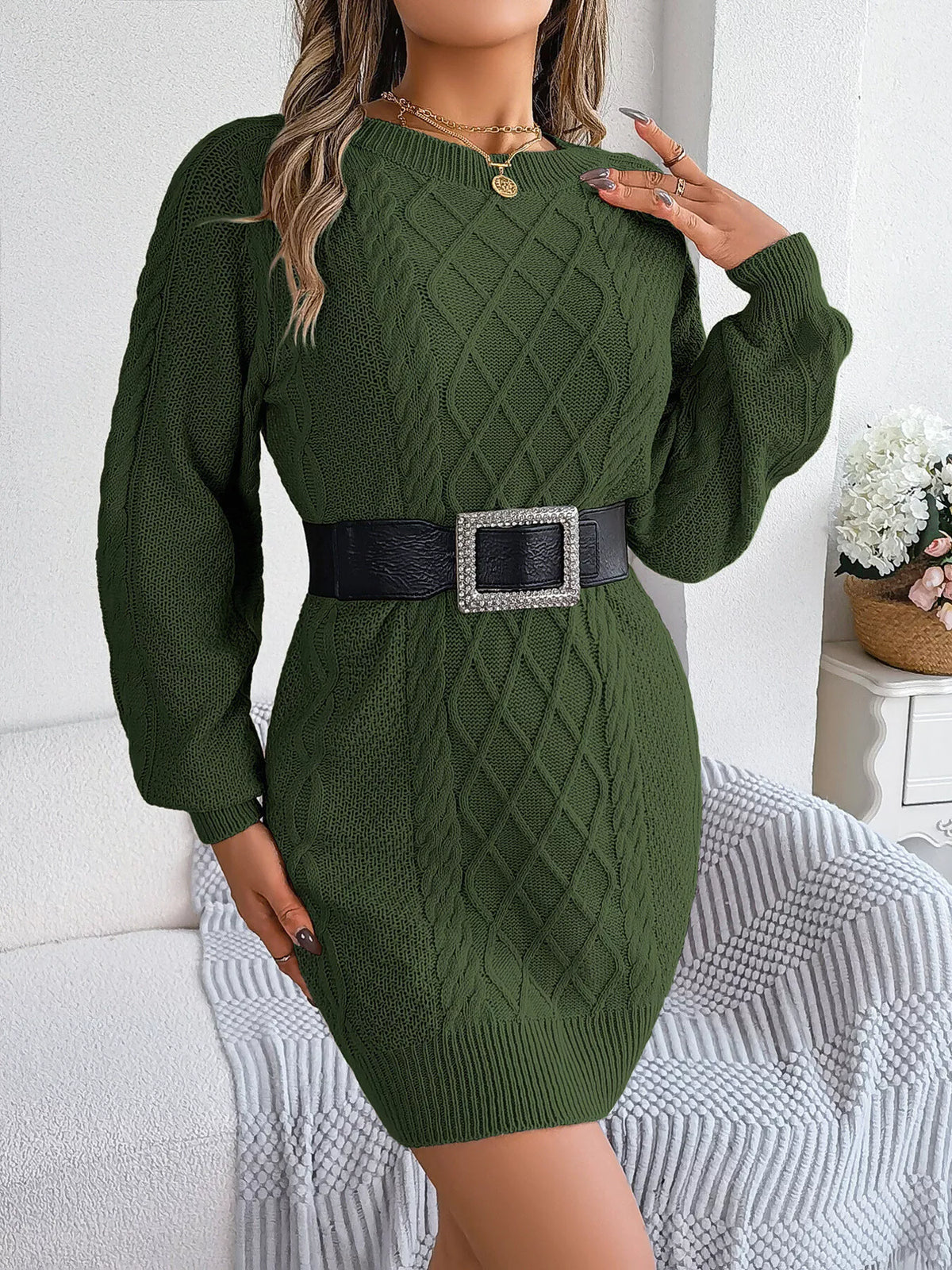 Diamond Cable Knit Crew Neck Long Sleeve Mini Sweater Dress 7