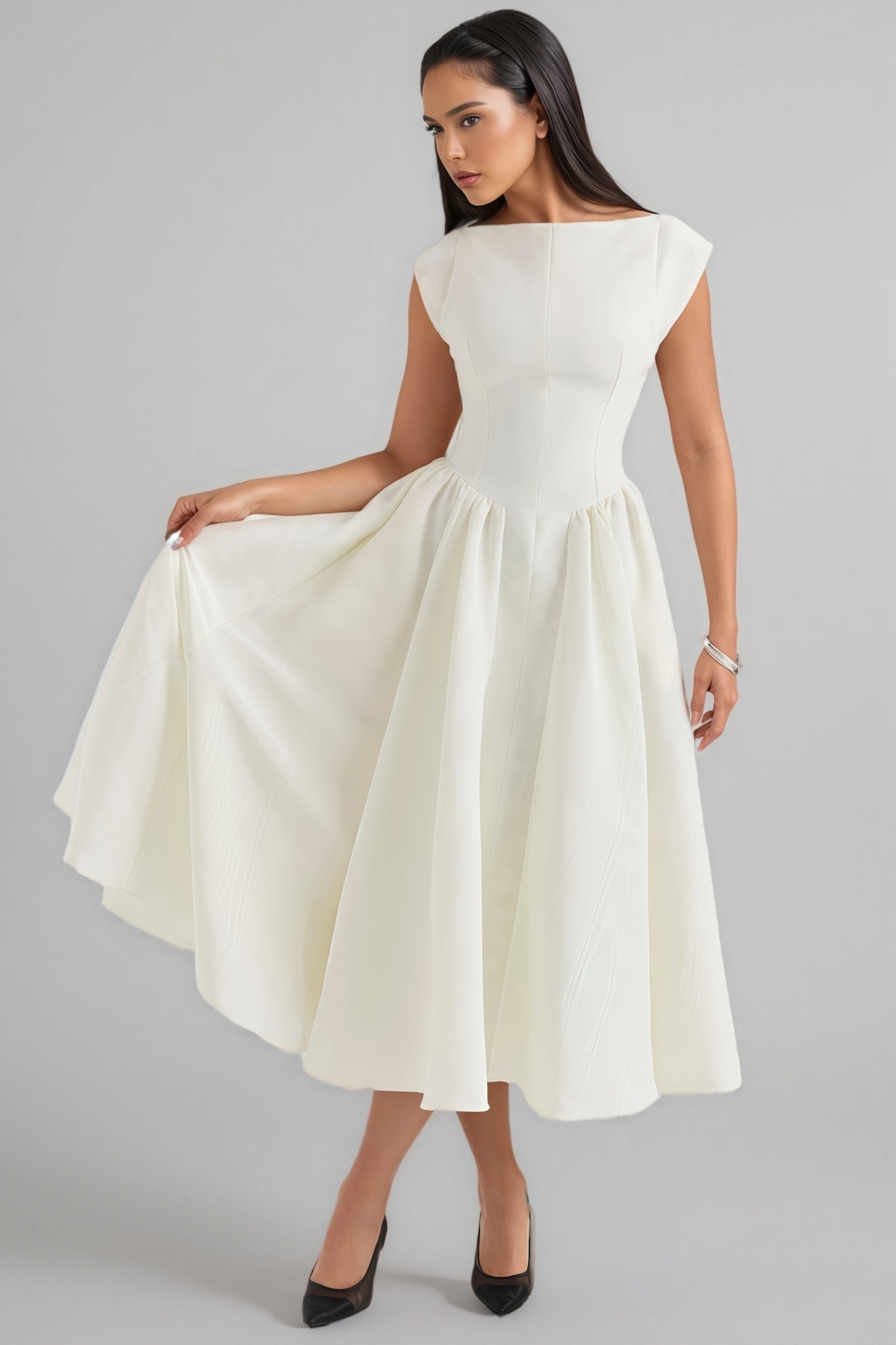 Jovie Ivory Moire Satin Midi Dress - View 2