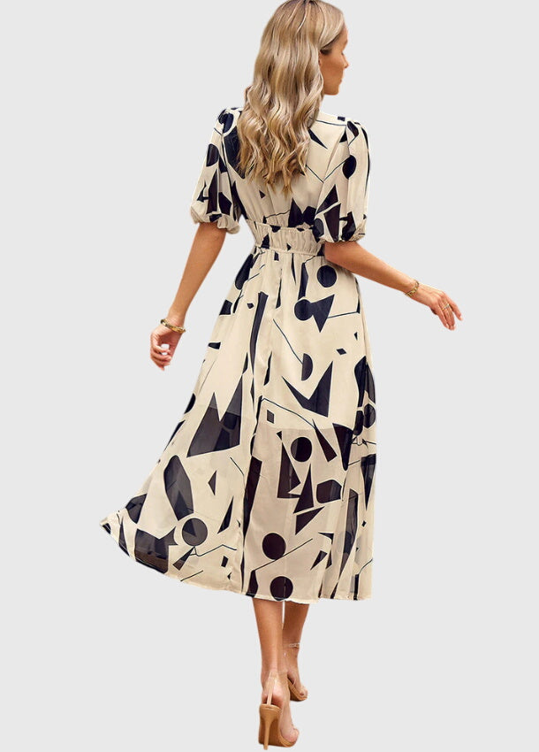 Floral Chiffon Deep V-Neck Puff Sleeve Smocked Maxi Dress 13