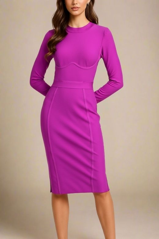 Dee Long Sleeve Bandage Dress - Neon Purple