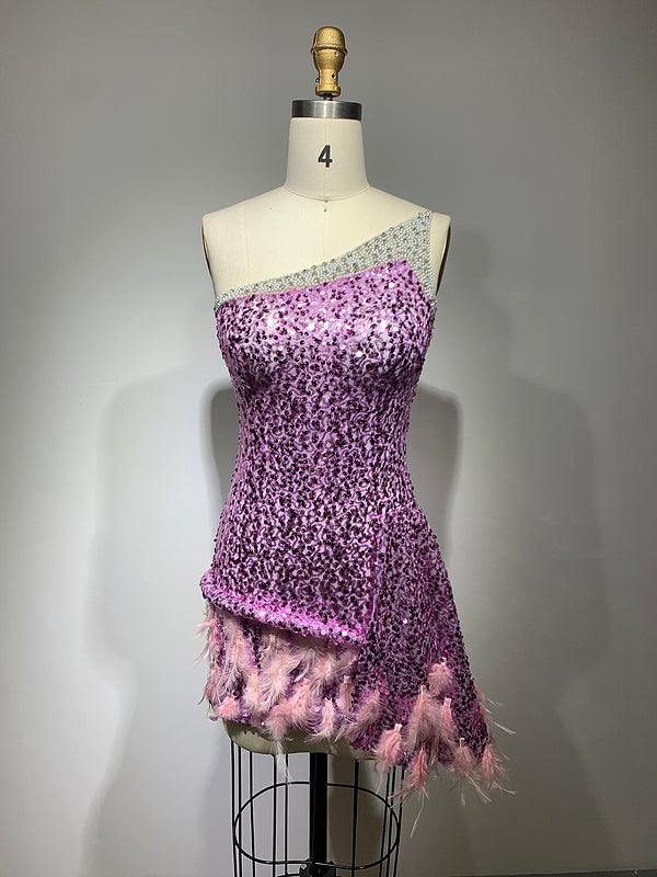 Sequin One Shoulder Beaded Feather Trim Bodycon Mini Dress