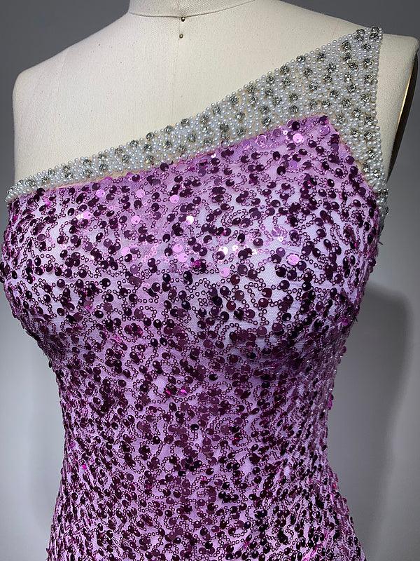 Sequin One Shoulder Beaded Feather Trim Bodycon Mini Dress