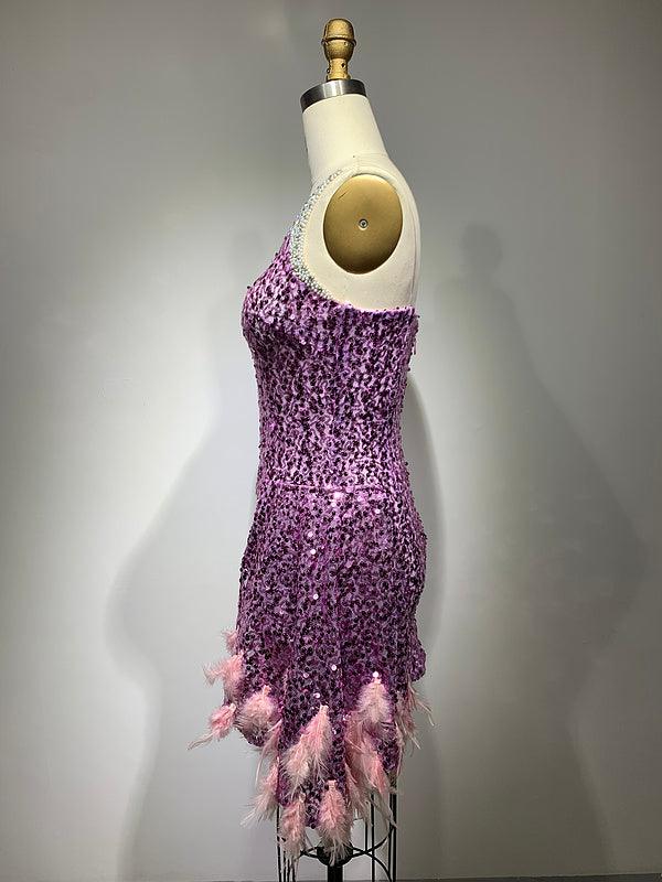 Sequin One Shoulder Beaded Feather Trim Bodycon Mini Dress