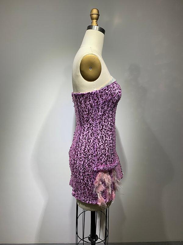Sequin One Shoulder Beaded Feather Trim Bodycon Mini Dress