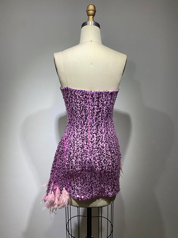 Sequin One Shoulder Beaded Feather Trim Bodycon Mini Dress