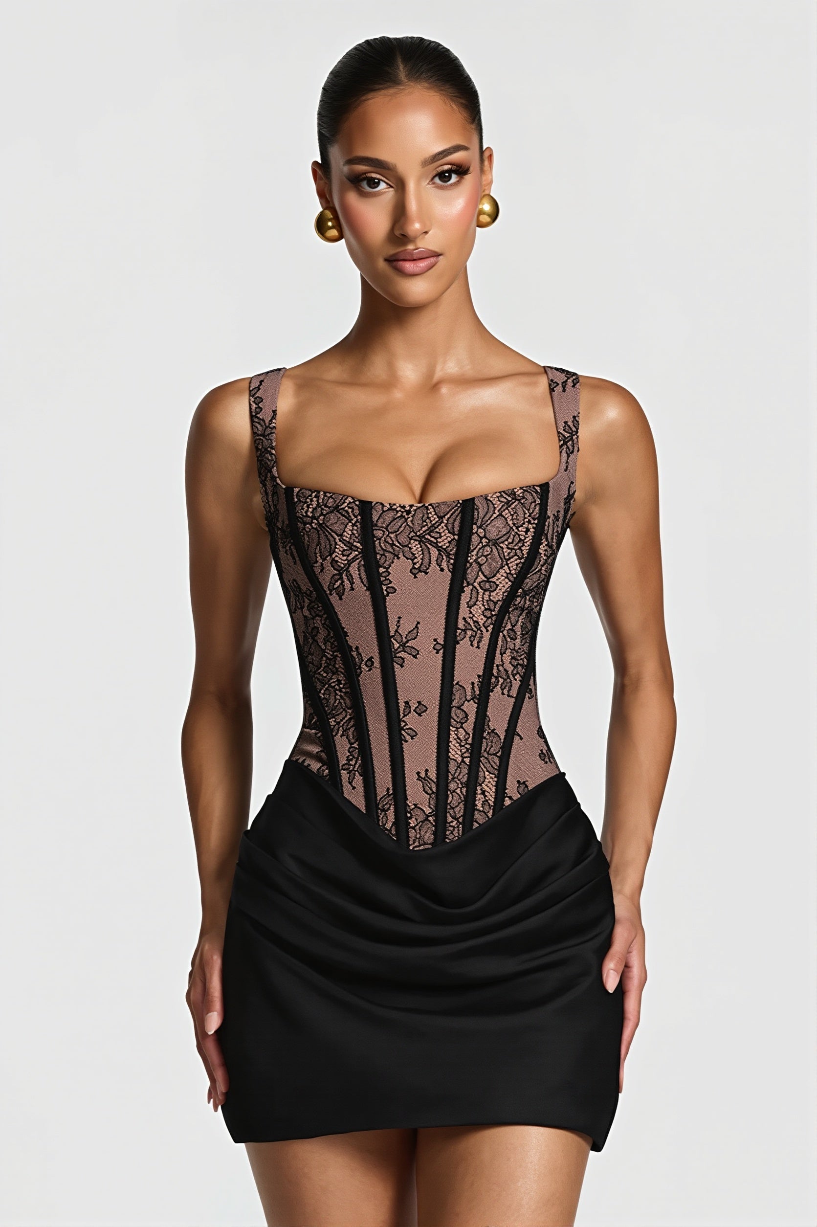 Elegant Lace Fishbone Ruched Mini Dress - View 5