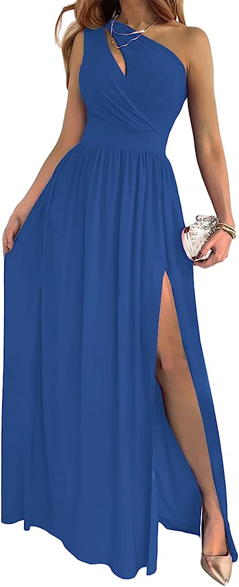One Shoulder Keyhole Cut Out Pleated High Split Formal Maxi Gown