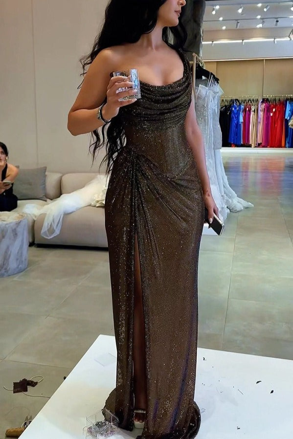 Sequin One Shoulder Ruched High Split Gown