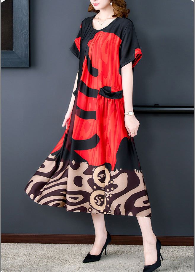 Abstract Graphic Print Round Neck Short Sleeve Pocket Flap Oversized Midi Dress