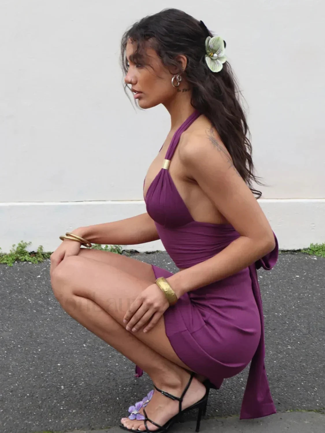 Deep V Backless Low Waist Skirt Two Piece Set