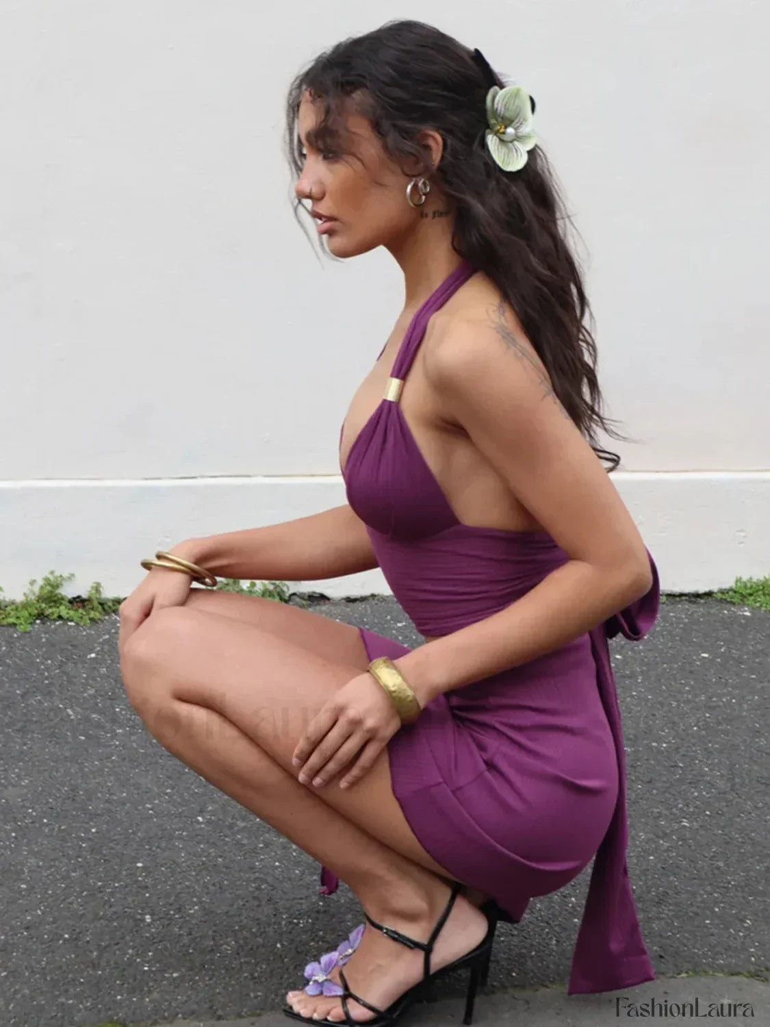 Deep V Backless Low Waist Skirt Two Piece Set