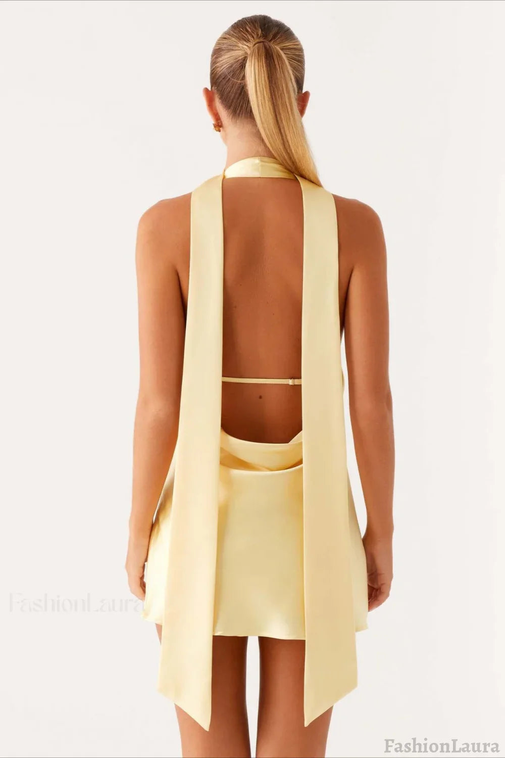 Deep V Backless Ribbon Cocktail Dress S / Beige