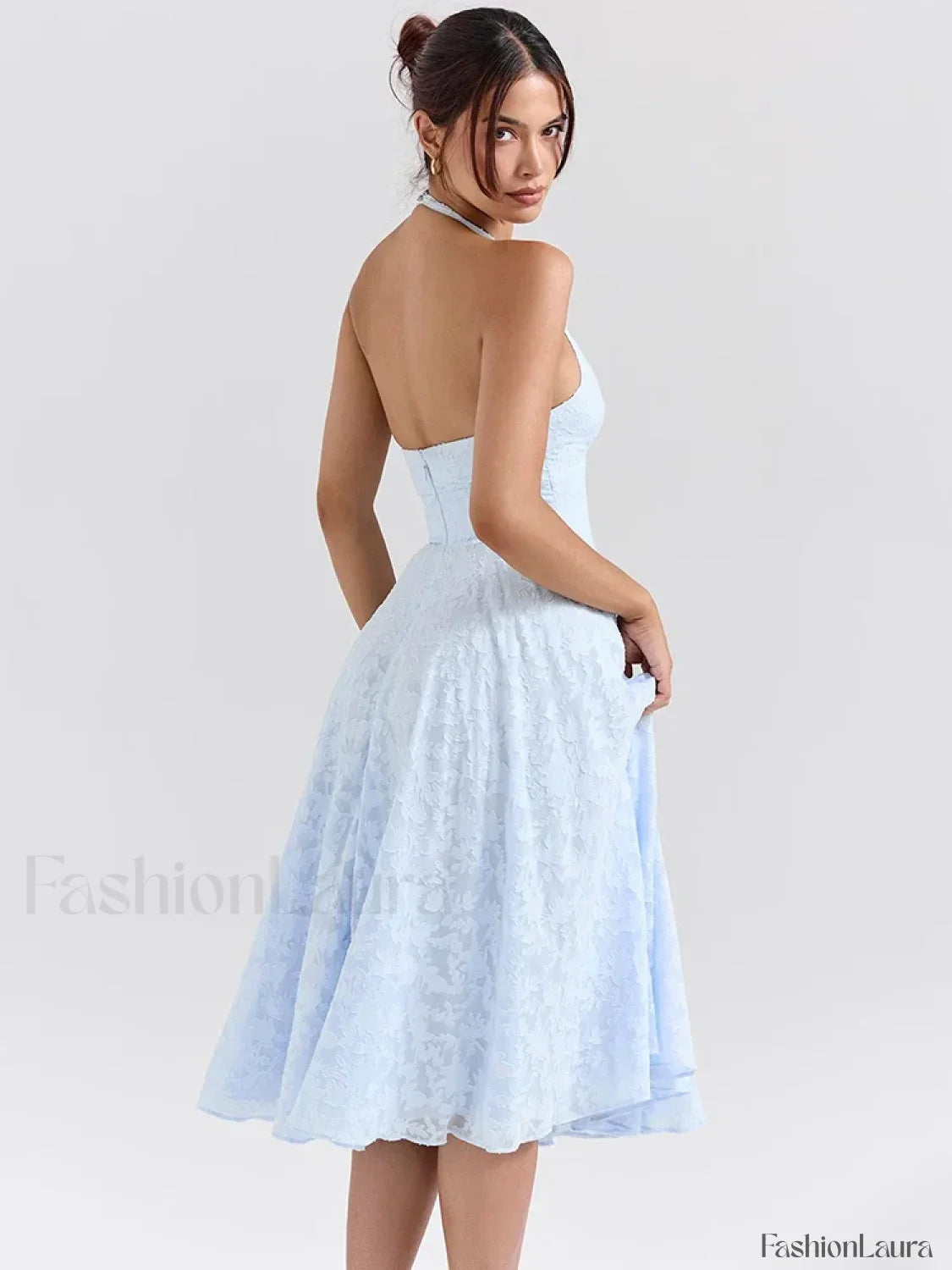 Deep V Halter Pleated Midi Dress