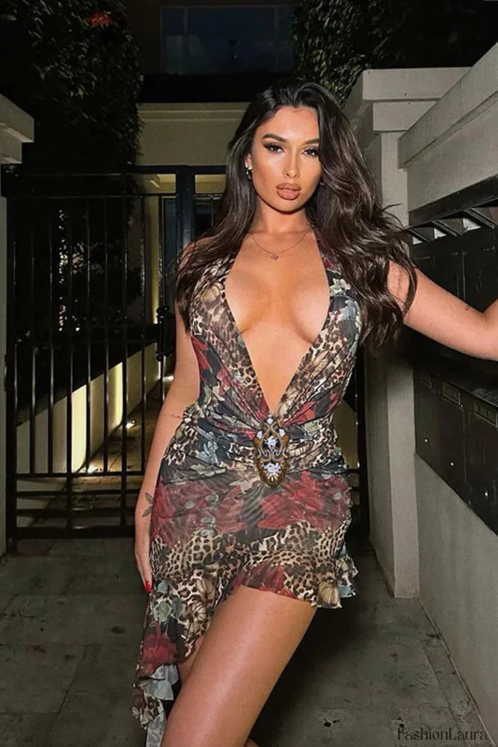 Deep V Hollow Strap Sexy Leopard Print Pure Desire Floral Dress