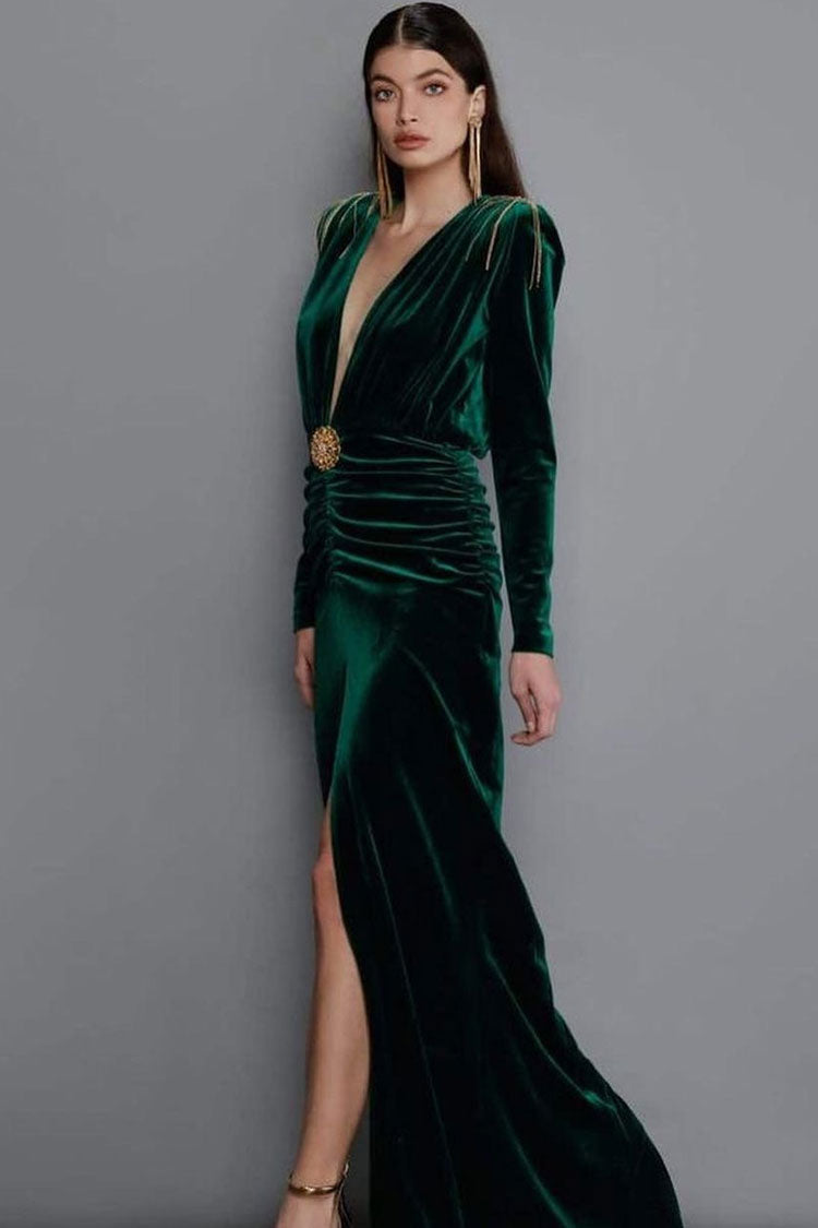 Deep V-Neck Long Sleeve Fringe Formal Maxi Dress