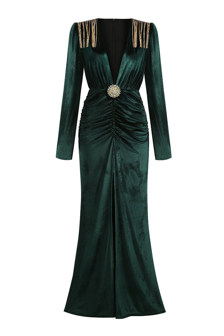 Deep V-Neck Long Sleeve Fringe Formal Maxi Dress