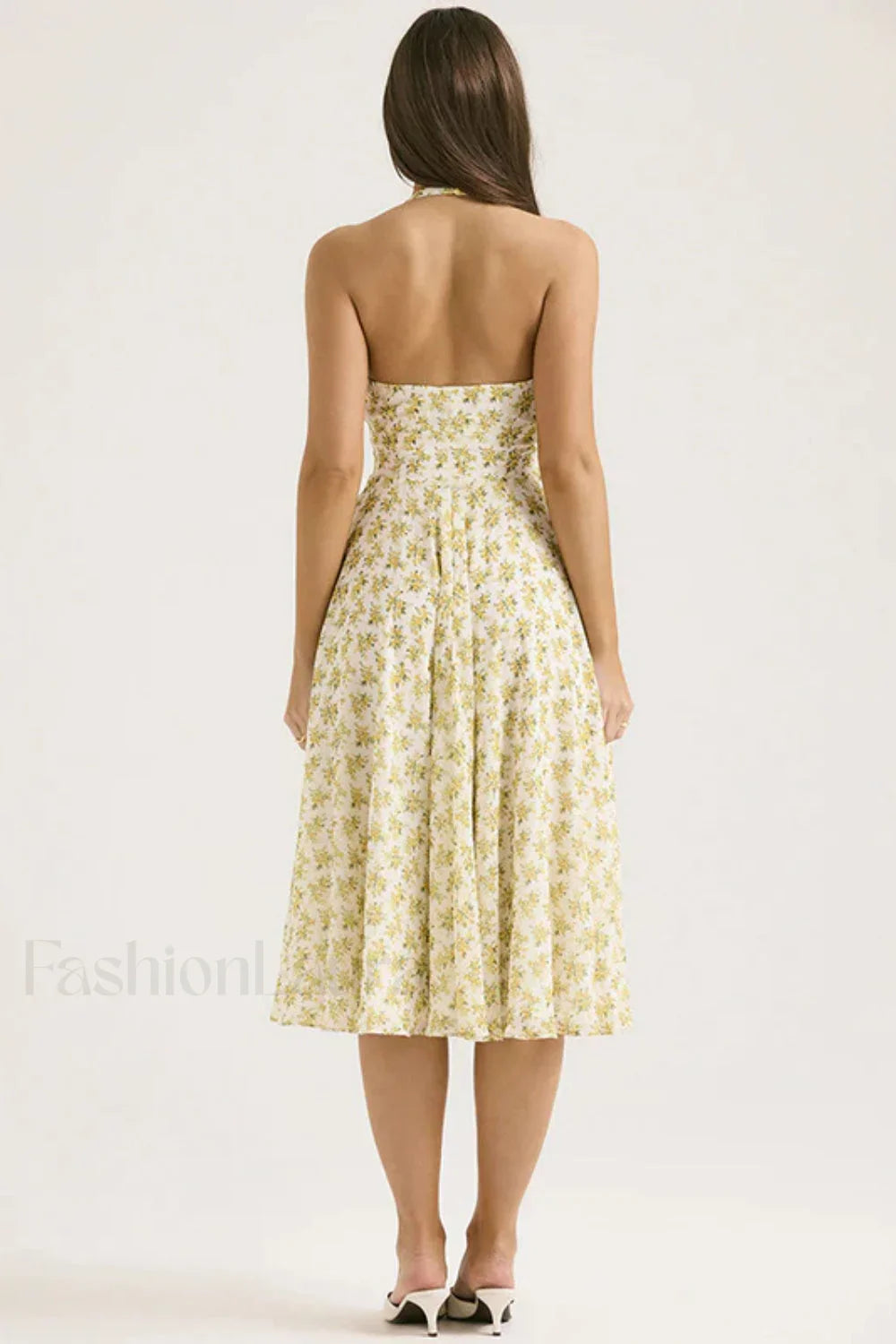 Deep V-Neck Backless Floral A-Line Floral Dress