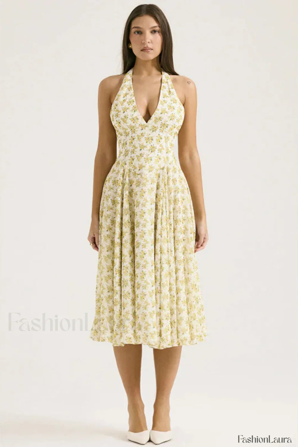 Deep V-Neck Backless Floral A-Line Floral Dress