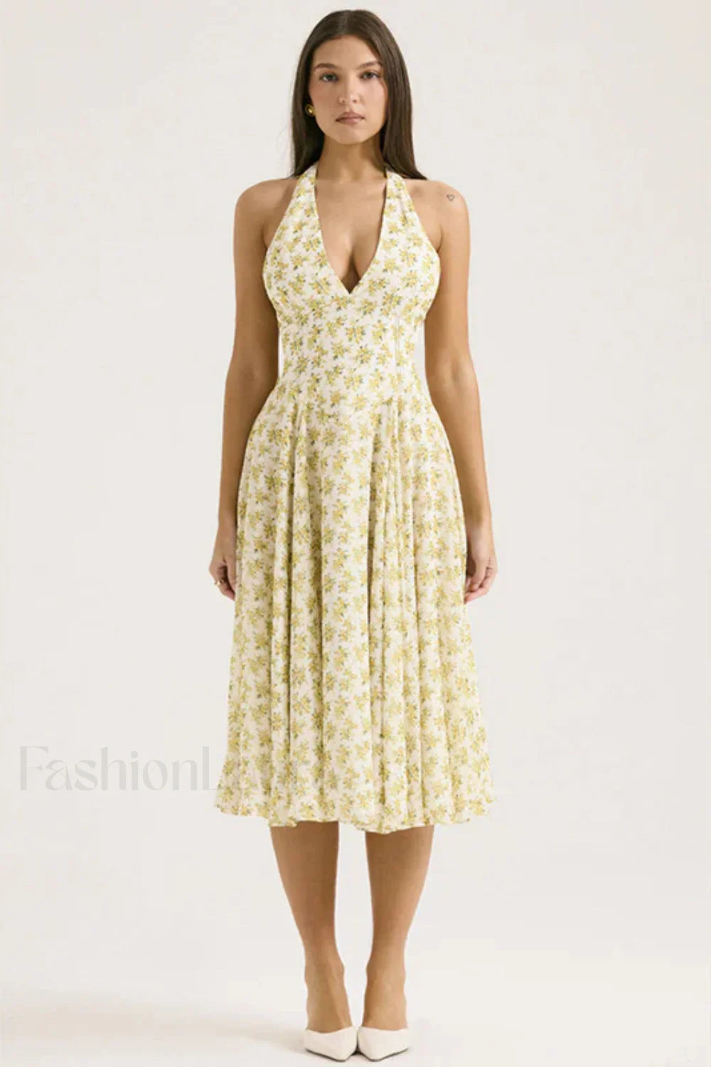 Deep V-Neck Backless Floral A-Line Floral Dress