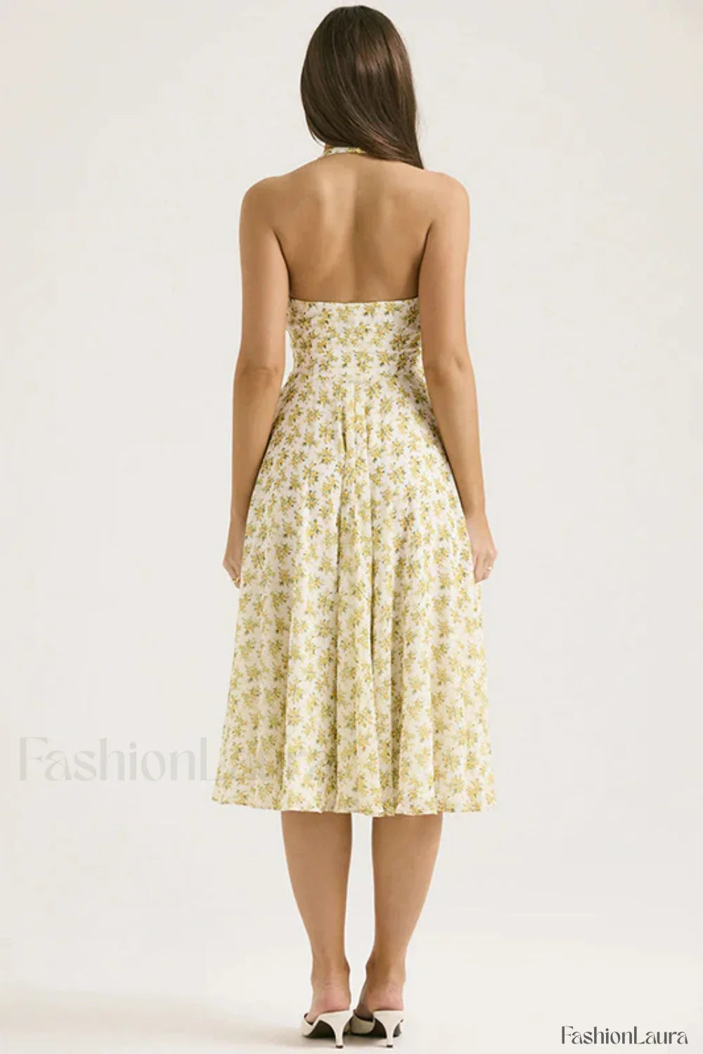 Deep V-Neck Backless Floral A-Line Floral Dress
