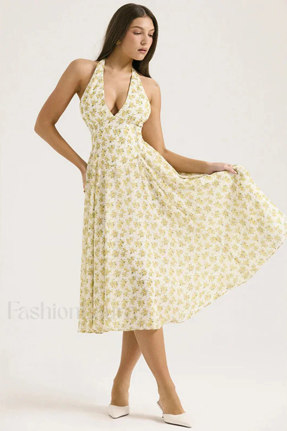 Deep V-Neck Backless Floral A-Line Floral Dress
