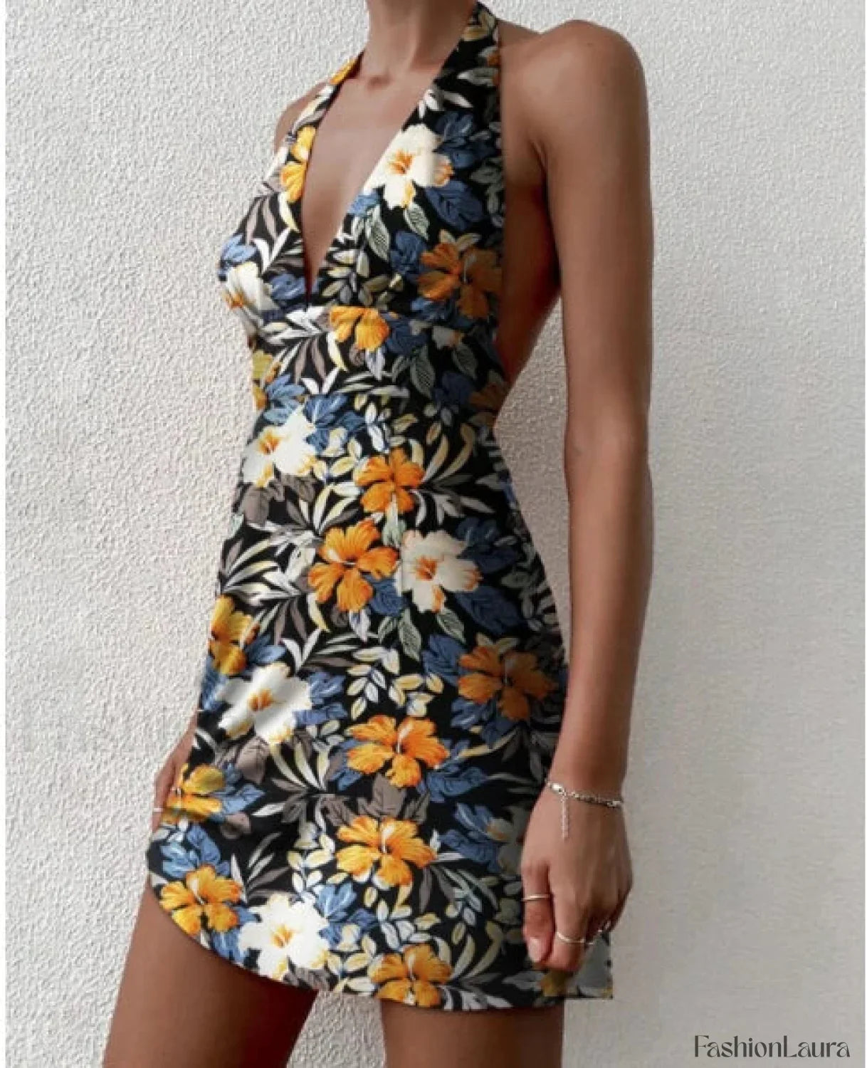 Deep V-Neck Fitted Floral Dress