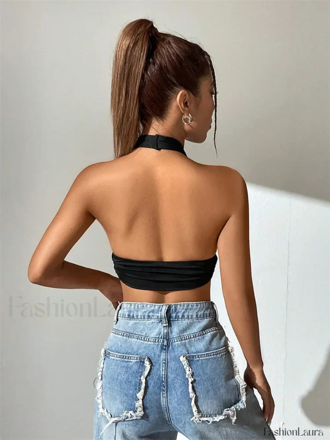 Deep V-Neck Halter Backless Solid Color Sexy Club Crop Top