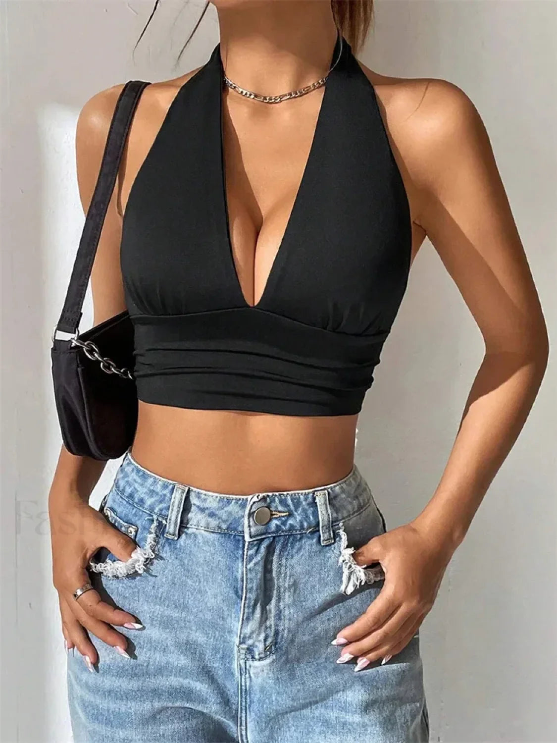 Deep V-Neck Halter Backless Solid Color Sexy Club Crop Top