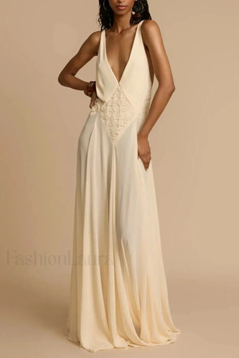 Deep V Neck Lace Patchwork Boho Dress