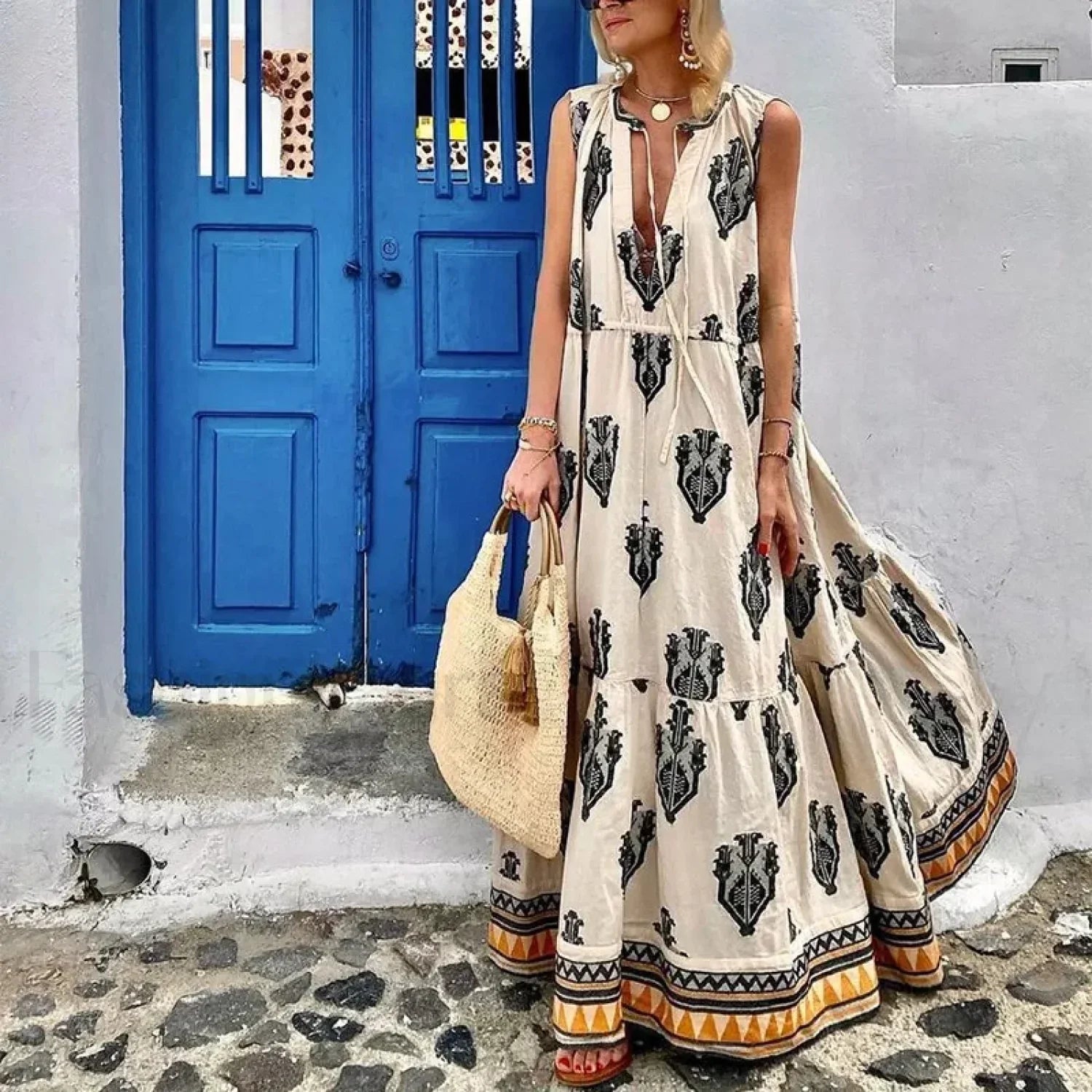 Deep V-Neck Retro Boho Dress