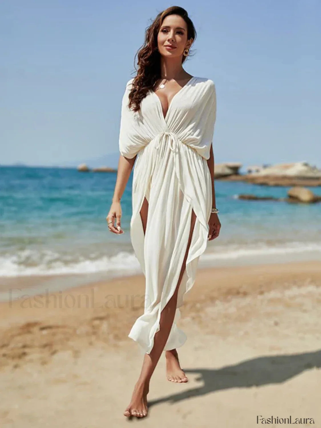 Deep V-Neck Slit Cut Loose Cover Up