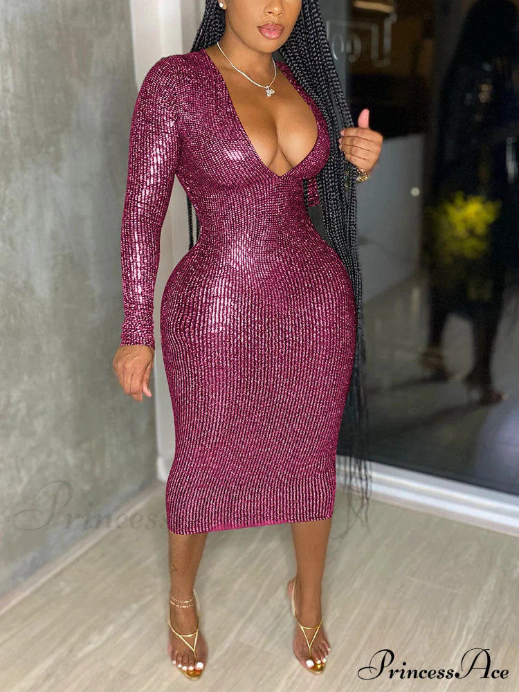 Deep V Neck Trendy Lace Up Midi Dress