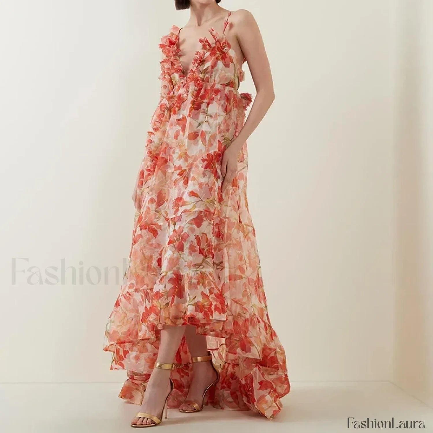 Deep V Ruffle Floral Dress