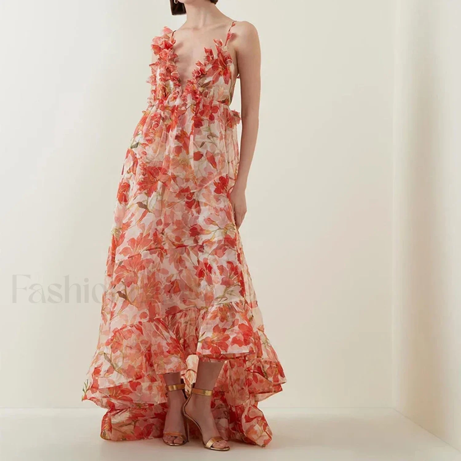 Deep V Ruffle Floral Dress