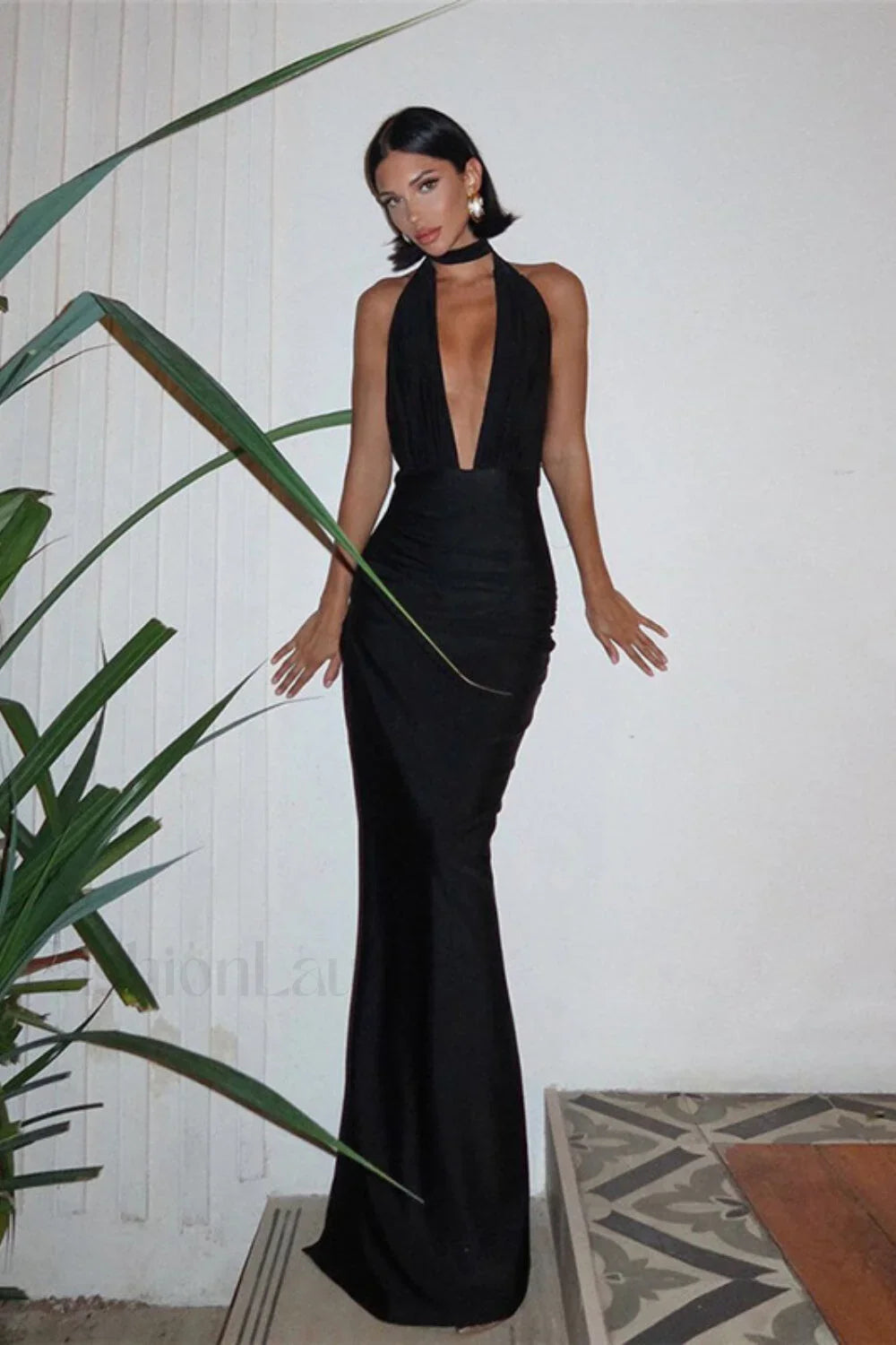 Deep V Tie Halter Split Maxi Dress