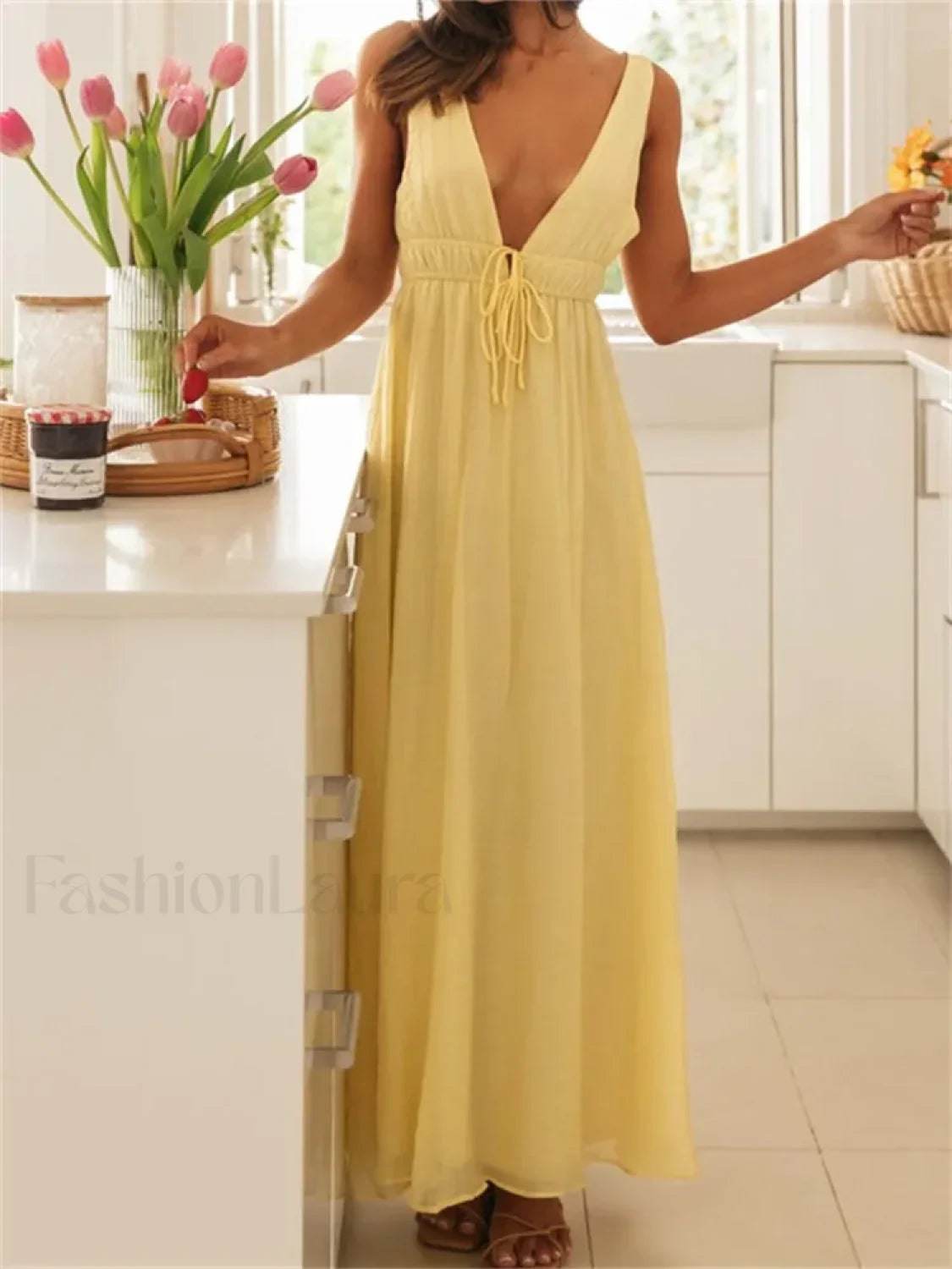 Deep V Tie Solid Color Maxi Dress