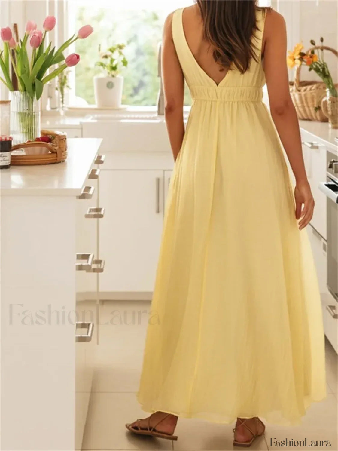 Deep V Tie Solid Color Maxi Dress