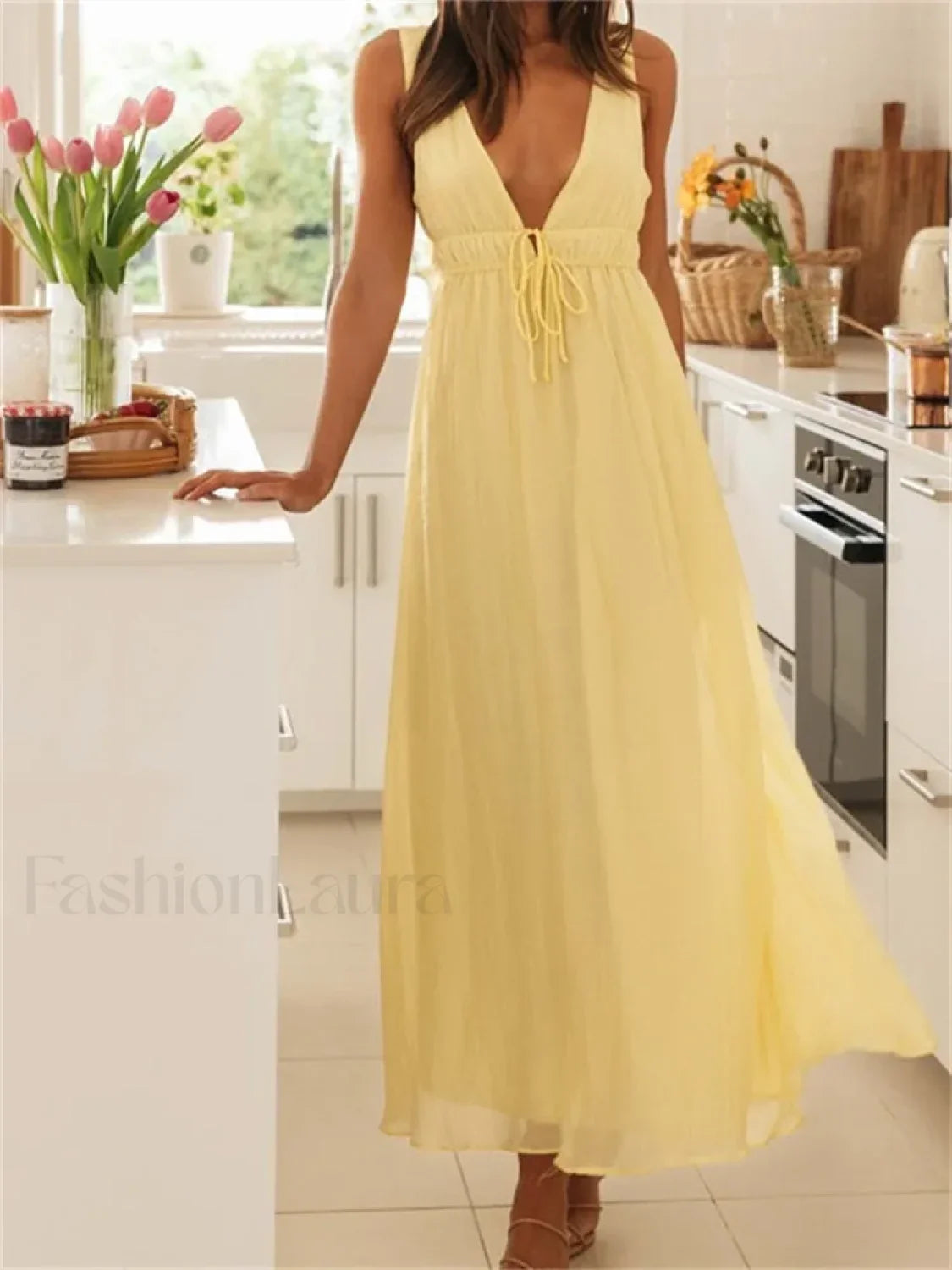 Deep V Tie Solid Color Maxi Dress